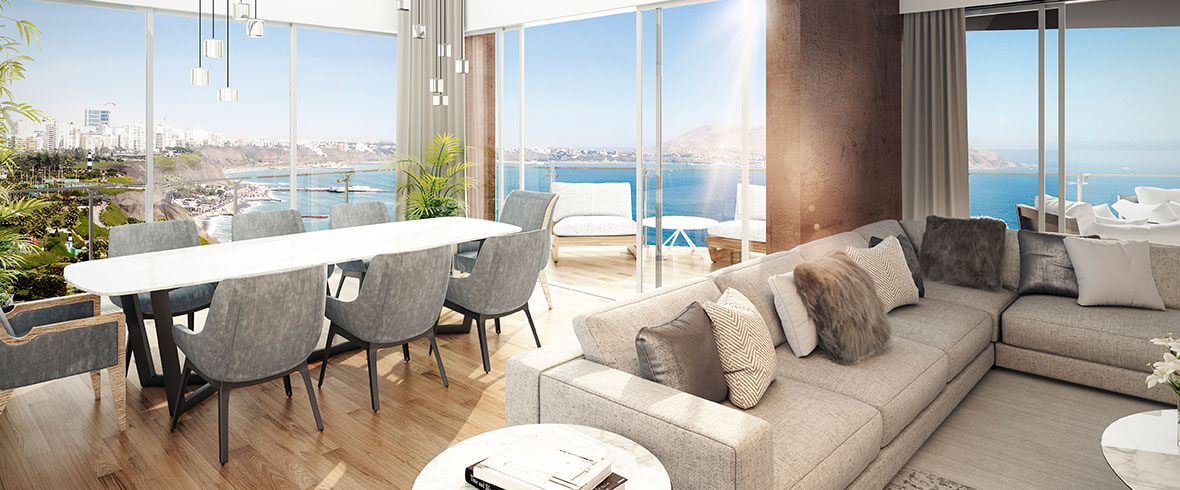 INTERIORES: SALA - COMEDOR (VISTA AL MAR)